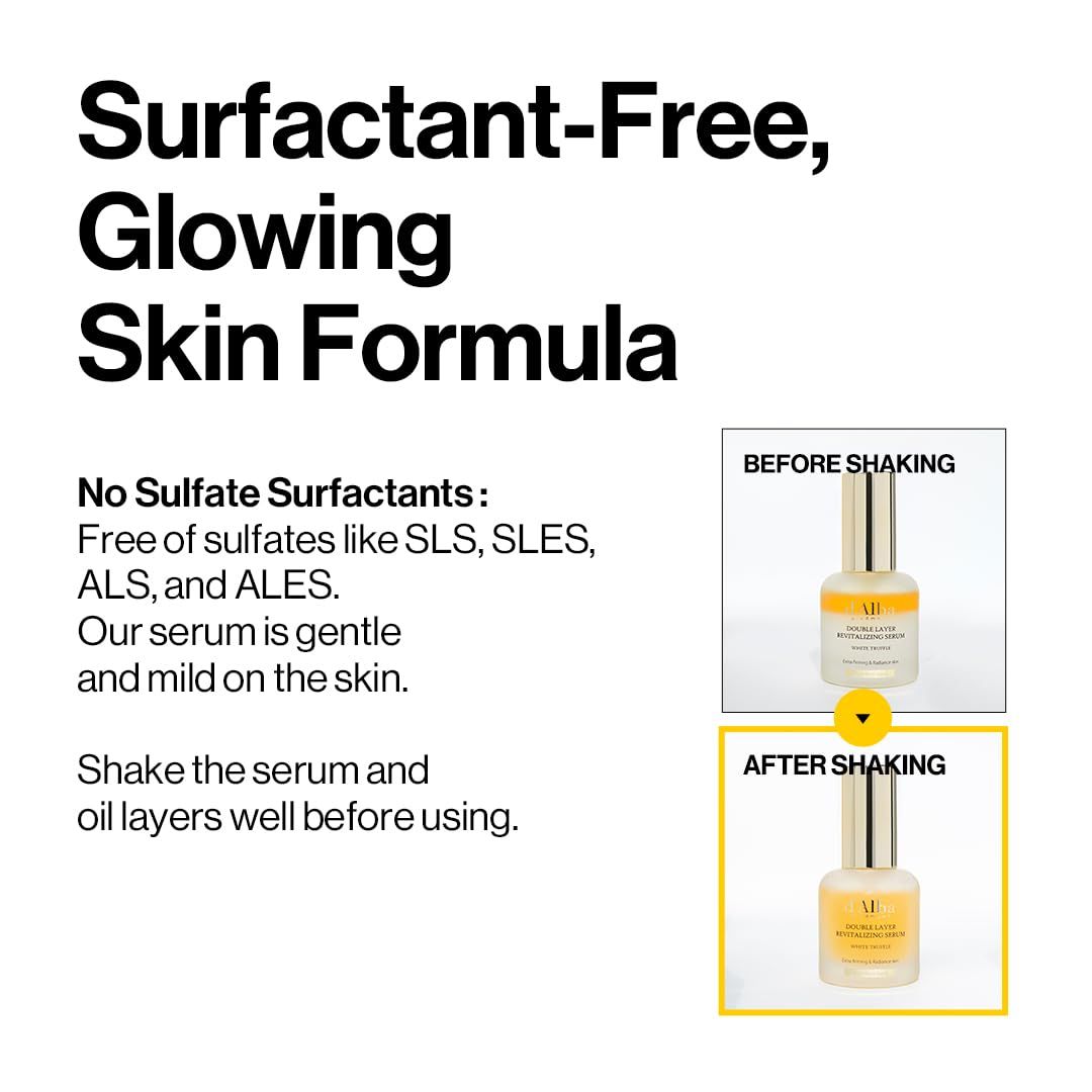 Flacon de sérum avec bouchon doré. Inscription : d'Alba, Double Layer Revitalizing Serum. Texte : Surfactant-Free, Glowing Skin Formula.