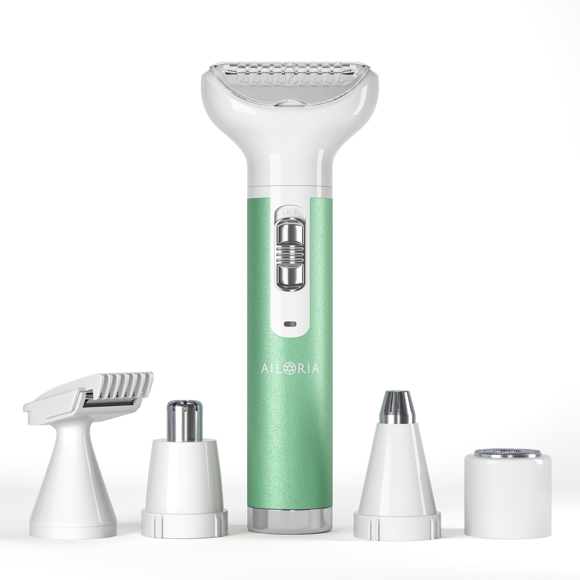 Rasoir avec plusieurs têtes. Vert et blanc. Têtes pour différentes zones du corps.