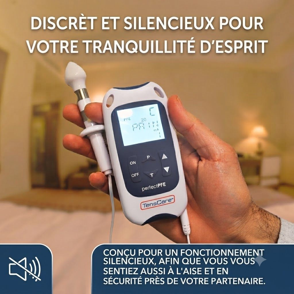Un homme tient un appareil TENS blanc avec un écran numérique et une sonde blanc-argentée attachée.