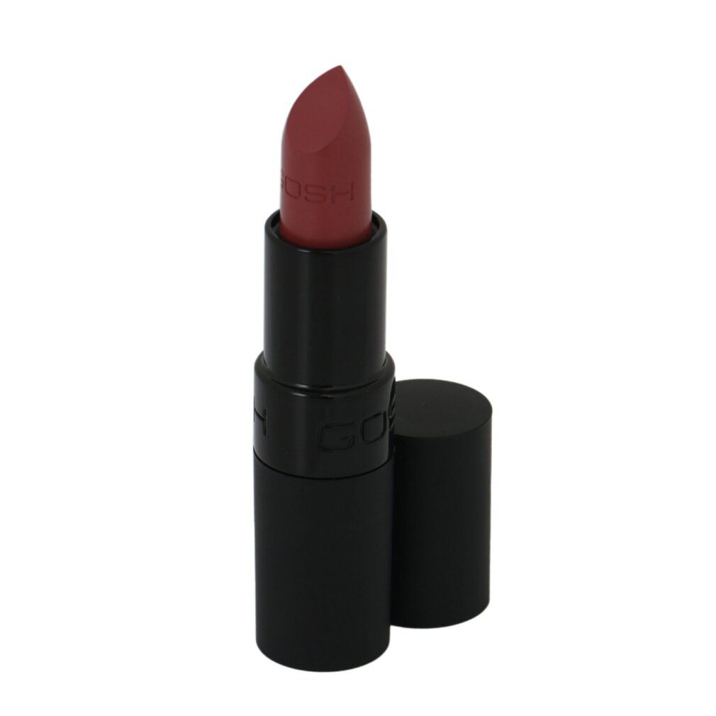 Donkere lipstick, zwarte huls. Dop ernaast. Merk GOSH zichtbaar.