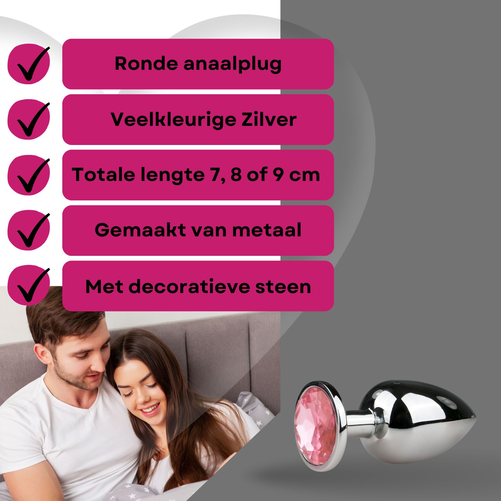 Metalen anale plug, zilverkleurig, met siersteen. Tekst: Ronde anale plug, Kleur Zilver, 7, 8 of 9 cm.
