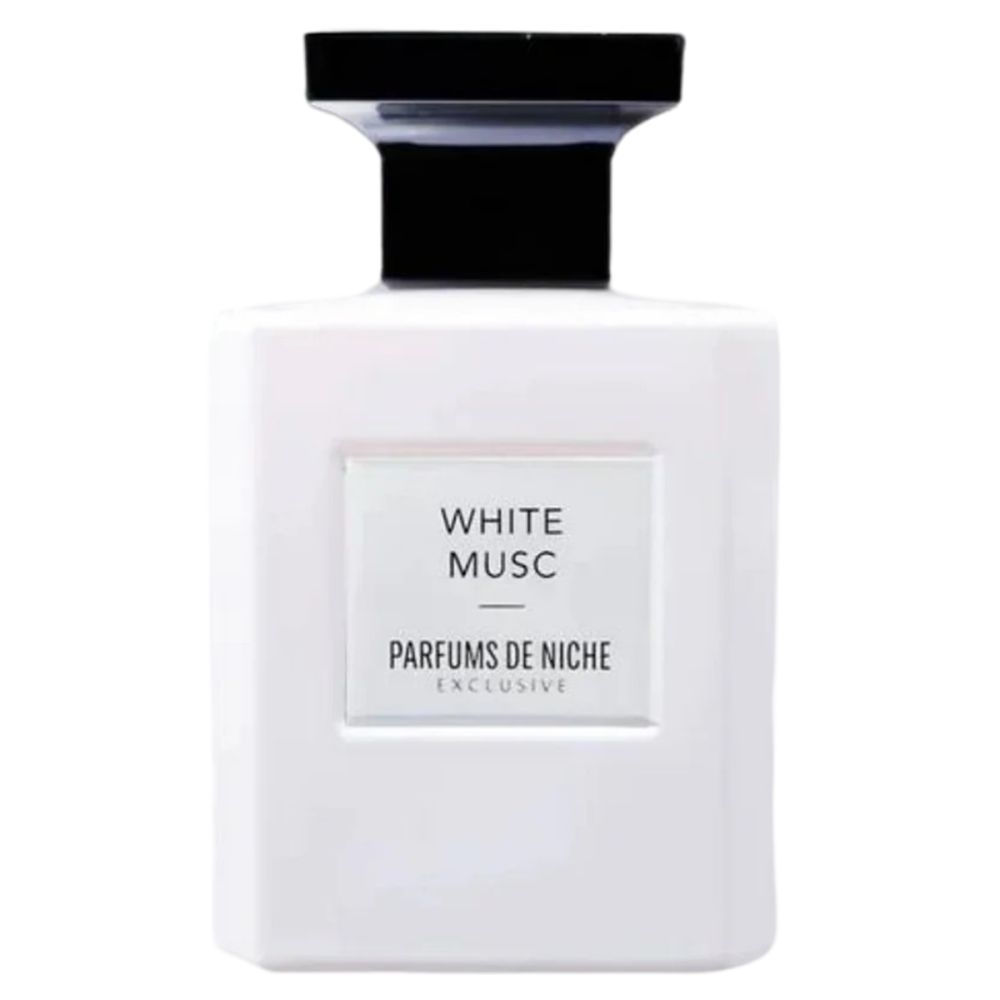 Flacon blanc avec bouchon noir. Inscription: White Musc, Parfums de Niche.
