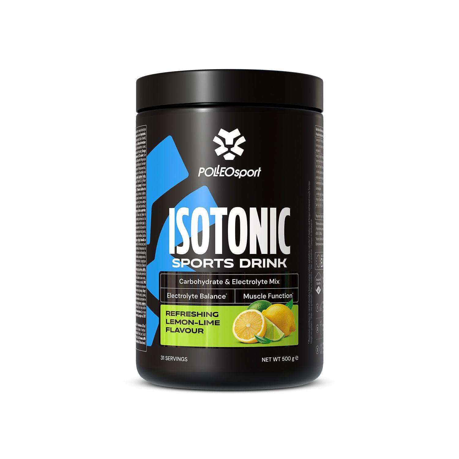 Zwarte pot. ME:FIRST Isotonic Sports Drink. Blauwe accenten. Tekst: Isotonic, citroen-limoensmaak. Illustratie: citroenen.