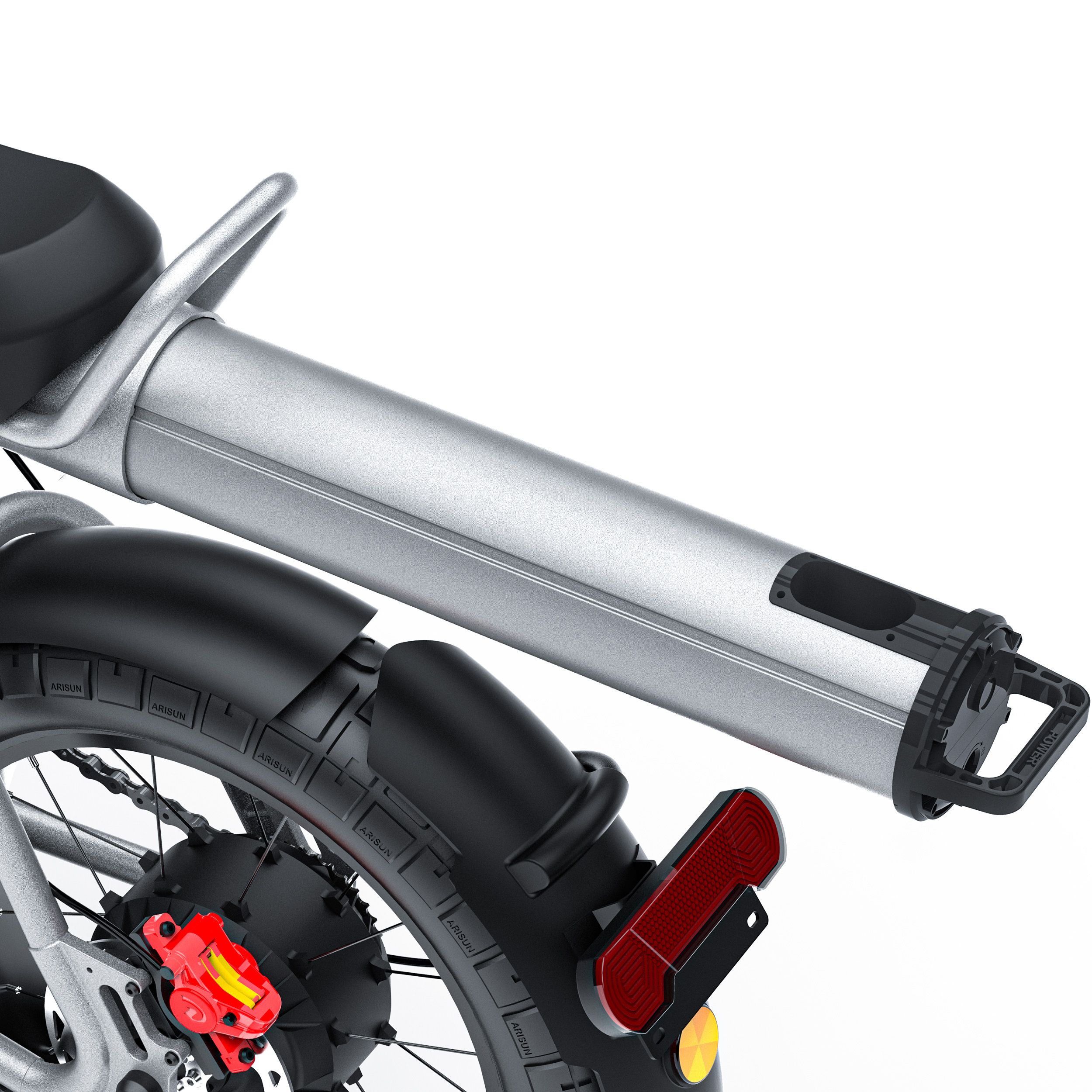 Detail van de achterkant van een elektrische dirtbike. Achterlicht, spatbord, accubehuizing.