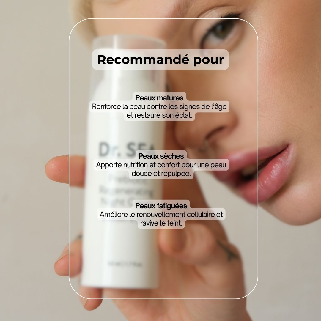 Femme tenant un flacon de crème. Texte : Recommandé pour : Peaux matures, Peaux sèches, Peaux fatiguées.