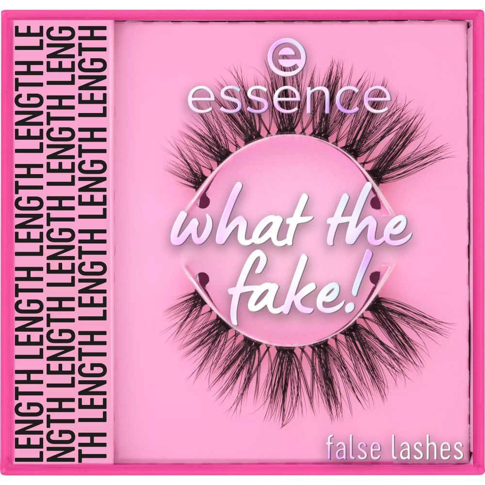 Emballage de faux cils Essence What The Fake ! Emballage rose avec nom du produit et texte.
