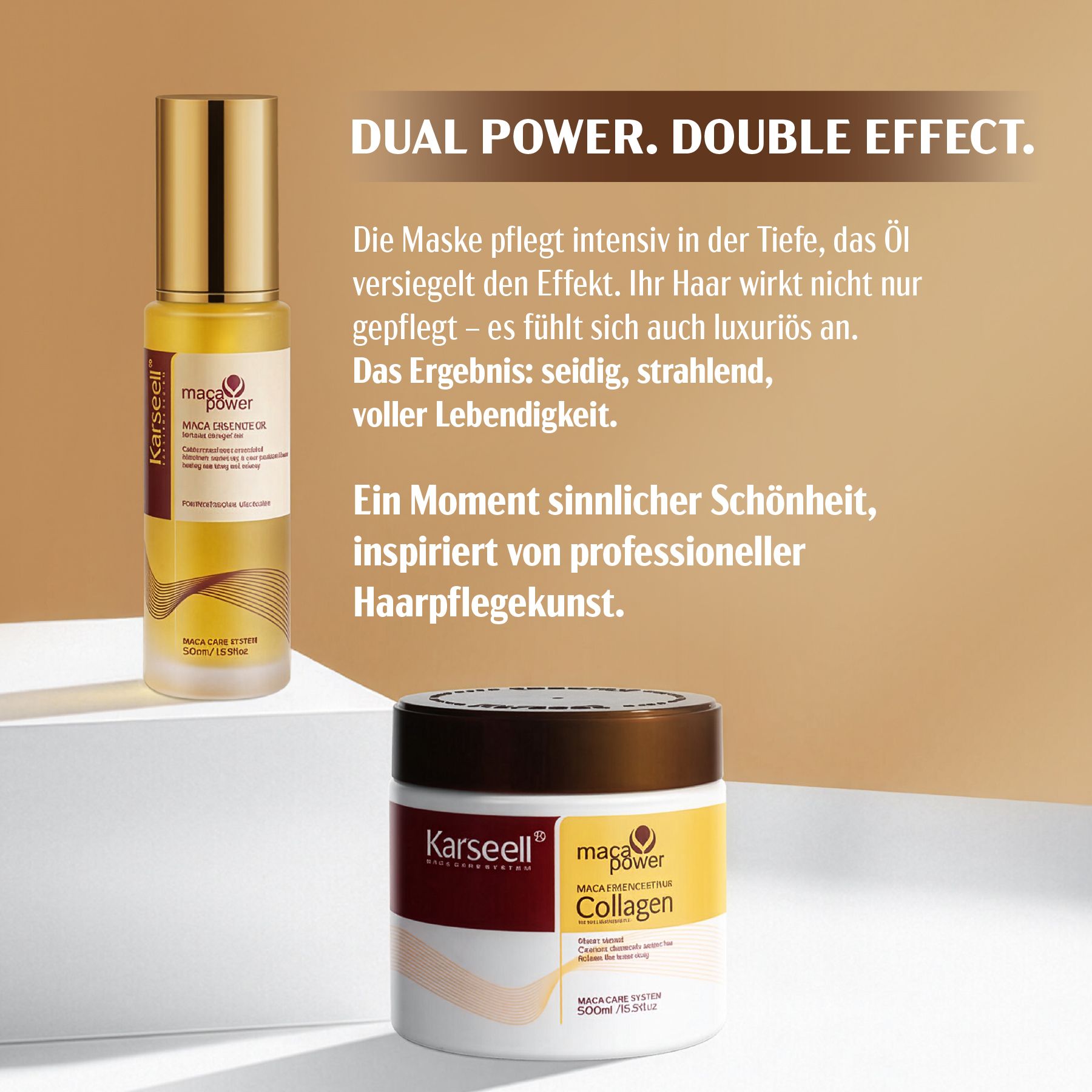 Deux produits Karseell : Huile Maca Essenz et Masque capillaire Maca Collagen. Flacon d'huile et pot de masque avec accents jaunes et bruns.
