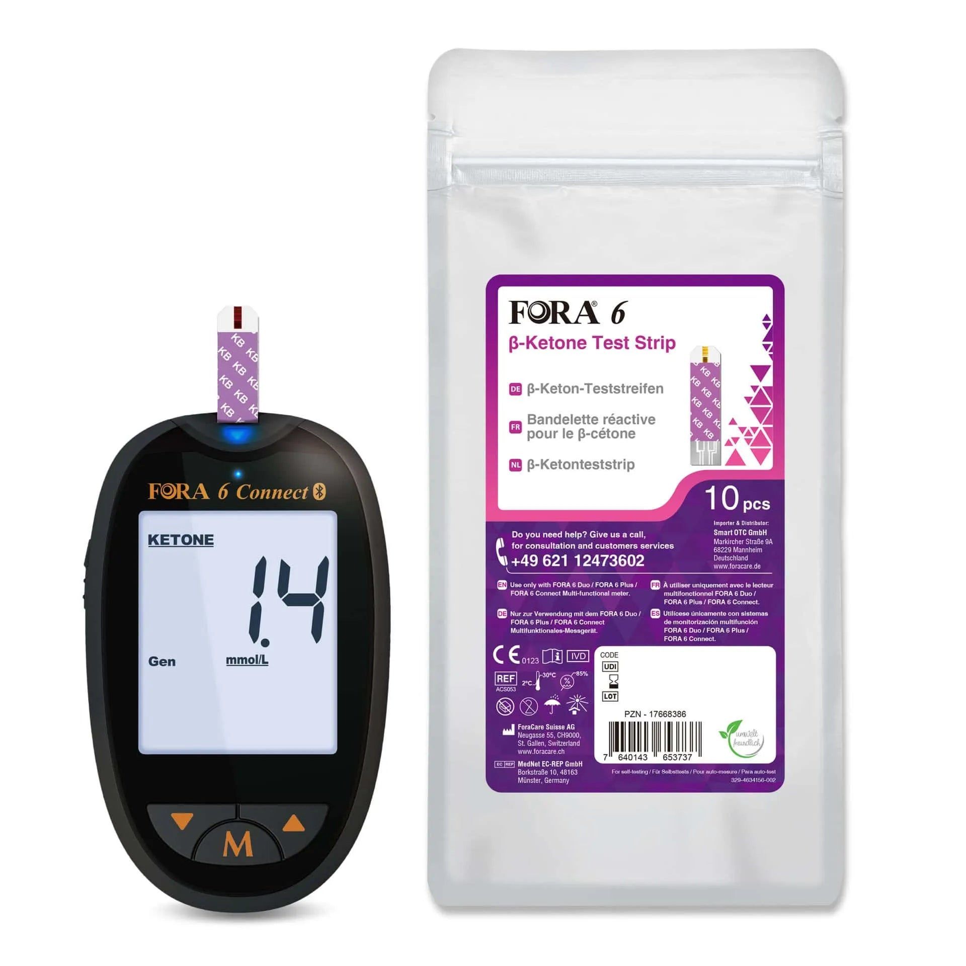 FORA 6 Connect meter met ingevoegde keton teststrip en een verpakking met 10 teststrips.