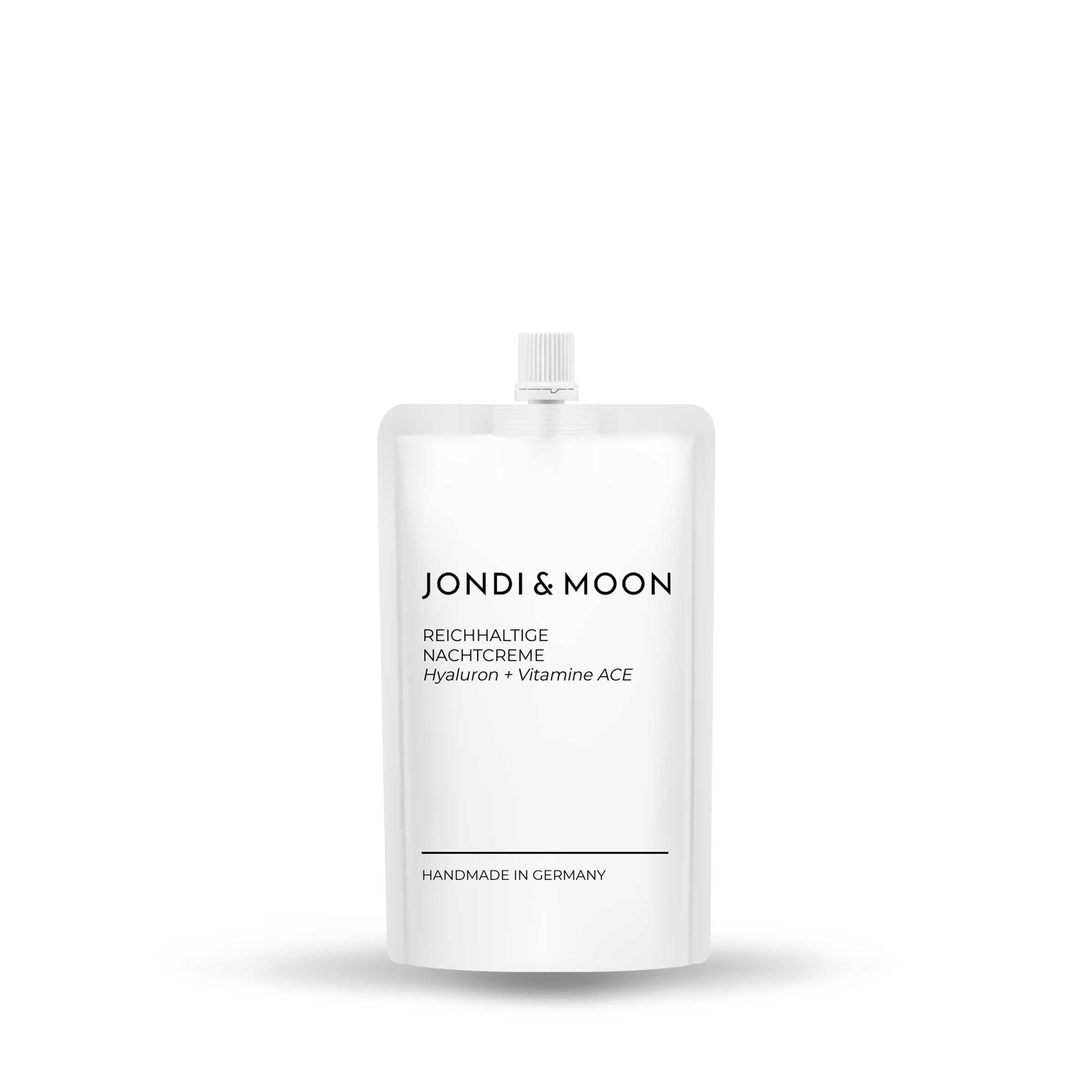 Recharge blanche avec impression. Fermeture blanche en haut. Texte: JONDI & MOON, Reichhaltige Nachtcreme, Hyaluron + Vitamine ACE, Handmade in Germany.
