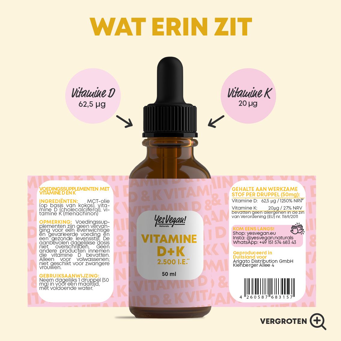 Fles met druppelaar, toont "Yes Vegan! Vitamine D+K" etiket.