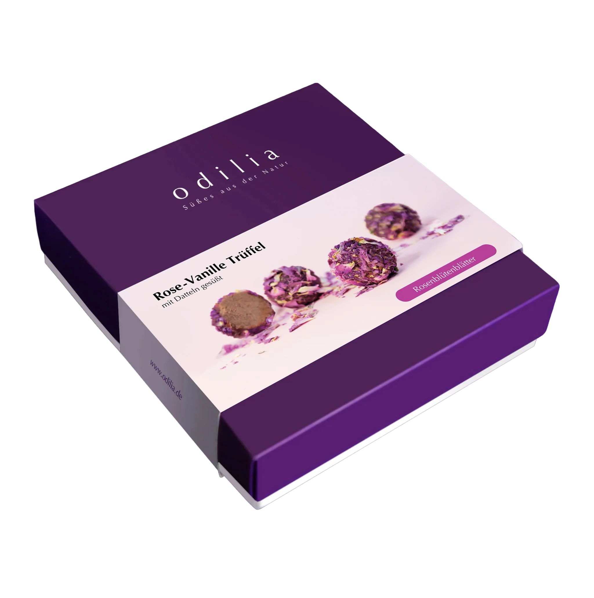 Boîte violette avec truffes Odilia Rose-Vanille, garnie de pétales de rose.