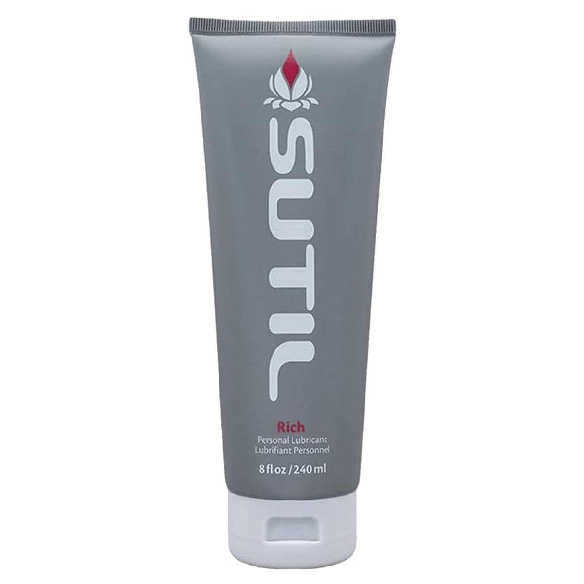 Tube grise avec texte blanc "SUTIL" et logo rouge. "Rich" et "Lubrifiant Personnel" en dessous. 8 fl oz/240 ml.