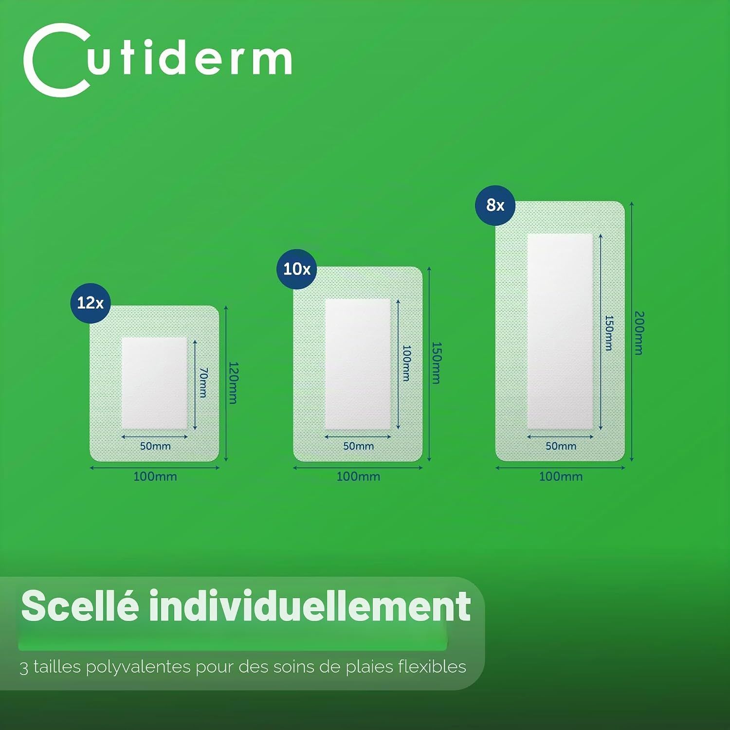 Trois pansements Cutiderm : 100x120mm (12x), 100x150mm (10x), 100x200mm (8x). Scellés individuellement.