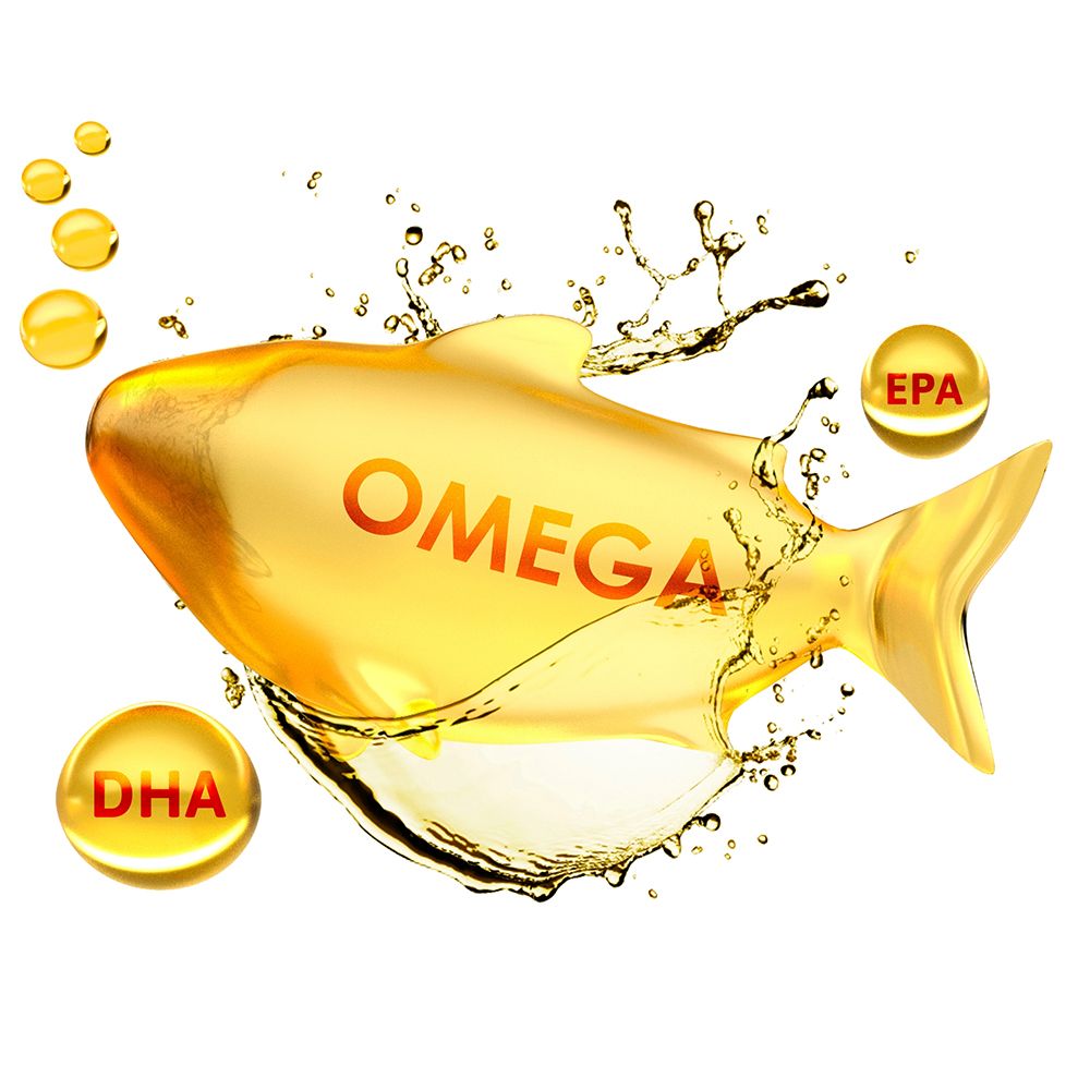 Gouden vloeistof in de vorm van een vis met de woorden OMEGA, DHA en EPA.