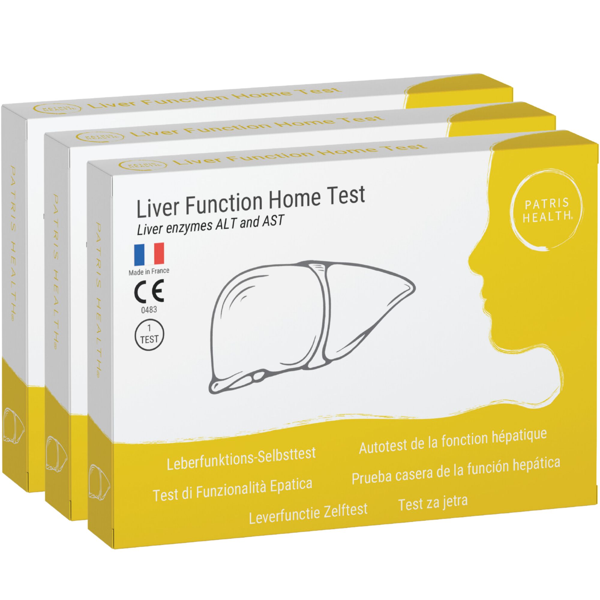 Drie verpakkingen Leverfunctie Home Test. Verpakking met productnaam, CE-markering, Made in France.