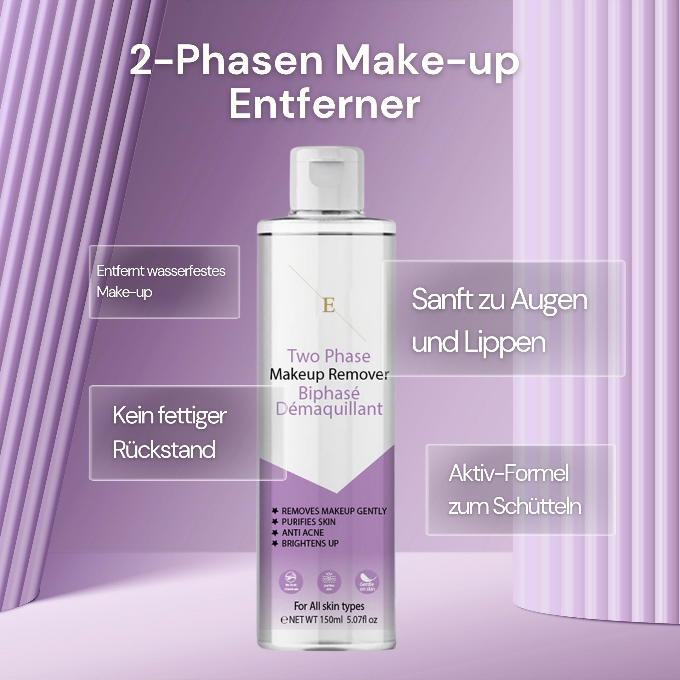 ErthSkin Zwei-Phasen Make-up Remover. Fles. Tekst: 2-Phasen Make-up Entferner, Biphasé Démaquillant. Voor alle huidtypen. Actieve formule om te schudden.