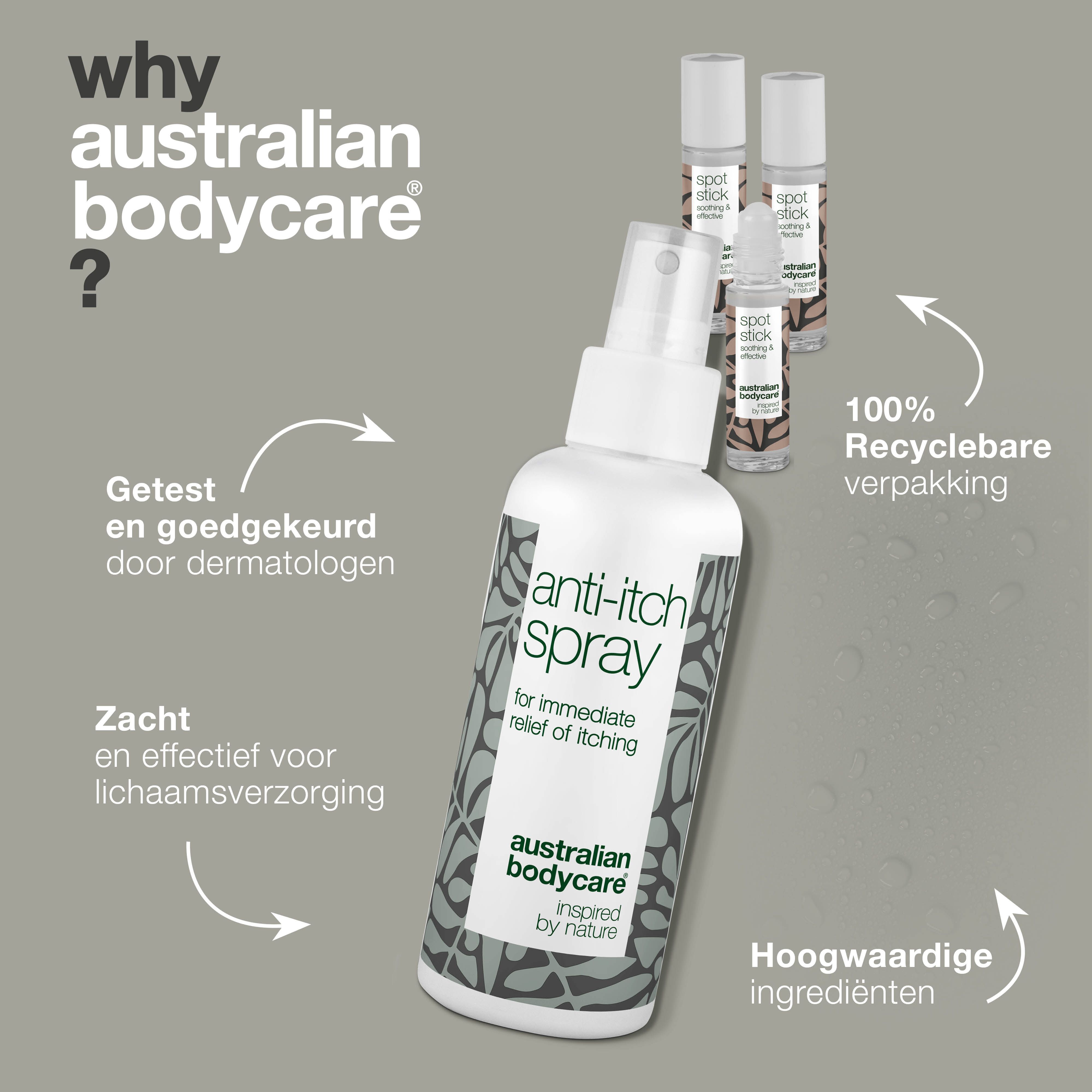 Productset en tekst. Waarom Australian Bodycare? Getest door dermatologen. Zacht en effectief.