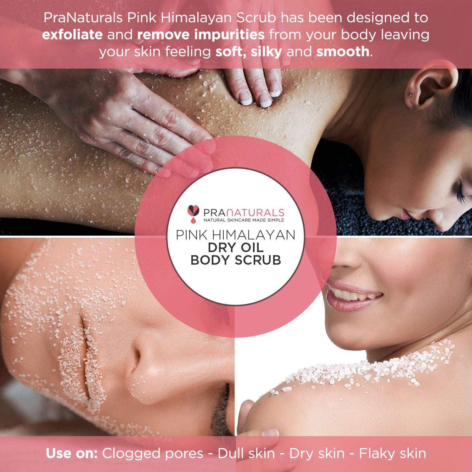 PraNaturals bodyscrub, tekst: Pink Himalayan Dry Oil Body Scrub. Productafbeelding met gebruiksvoorbeelden. Op roze achtergrond.