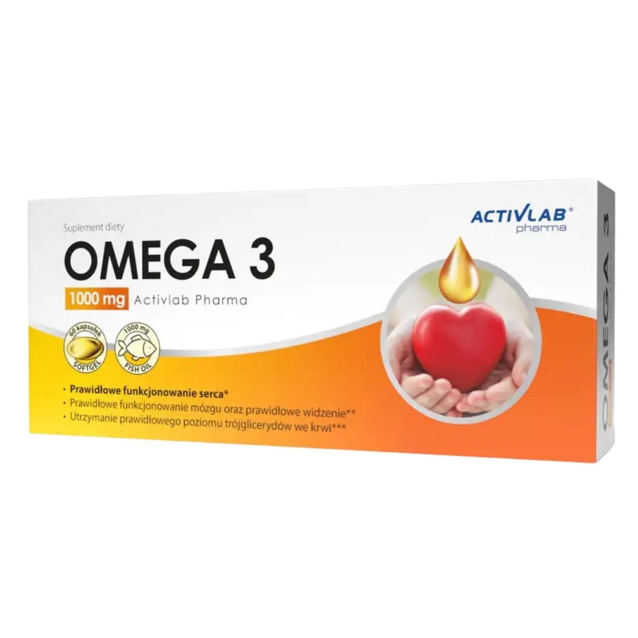 Activlab Omega 3 voedingssupplement verpakking met hart symbool en druppel.
