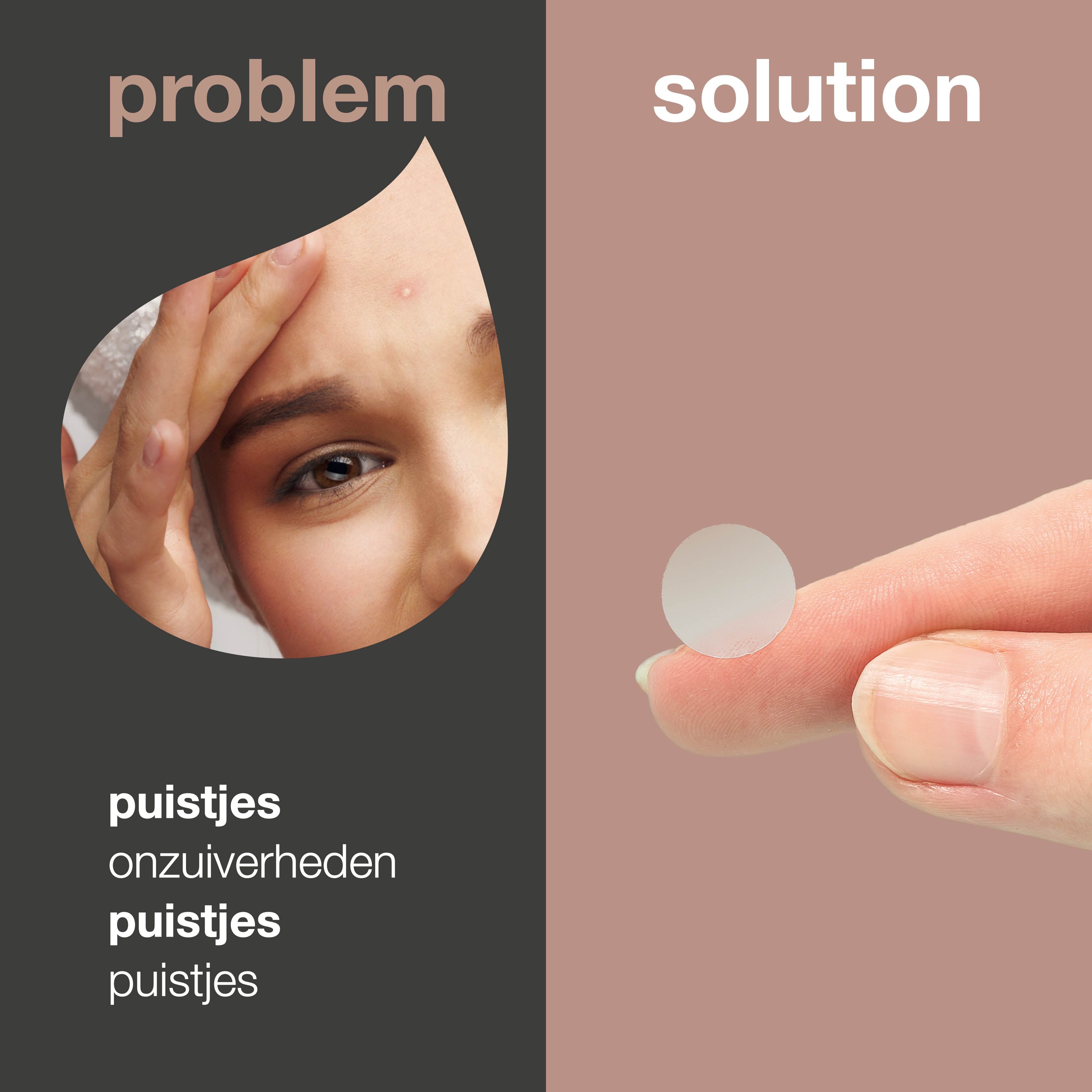Afbeelding in twee delen. Links: gezicht met puist. Rechts: puistjespleister op vinger. Tekst: Probleem, Oplossing.