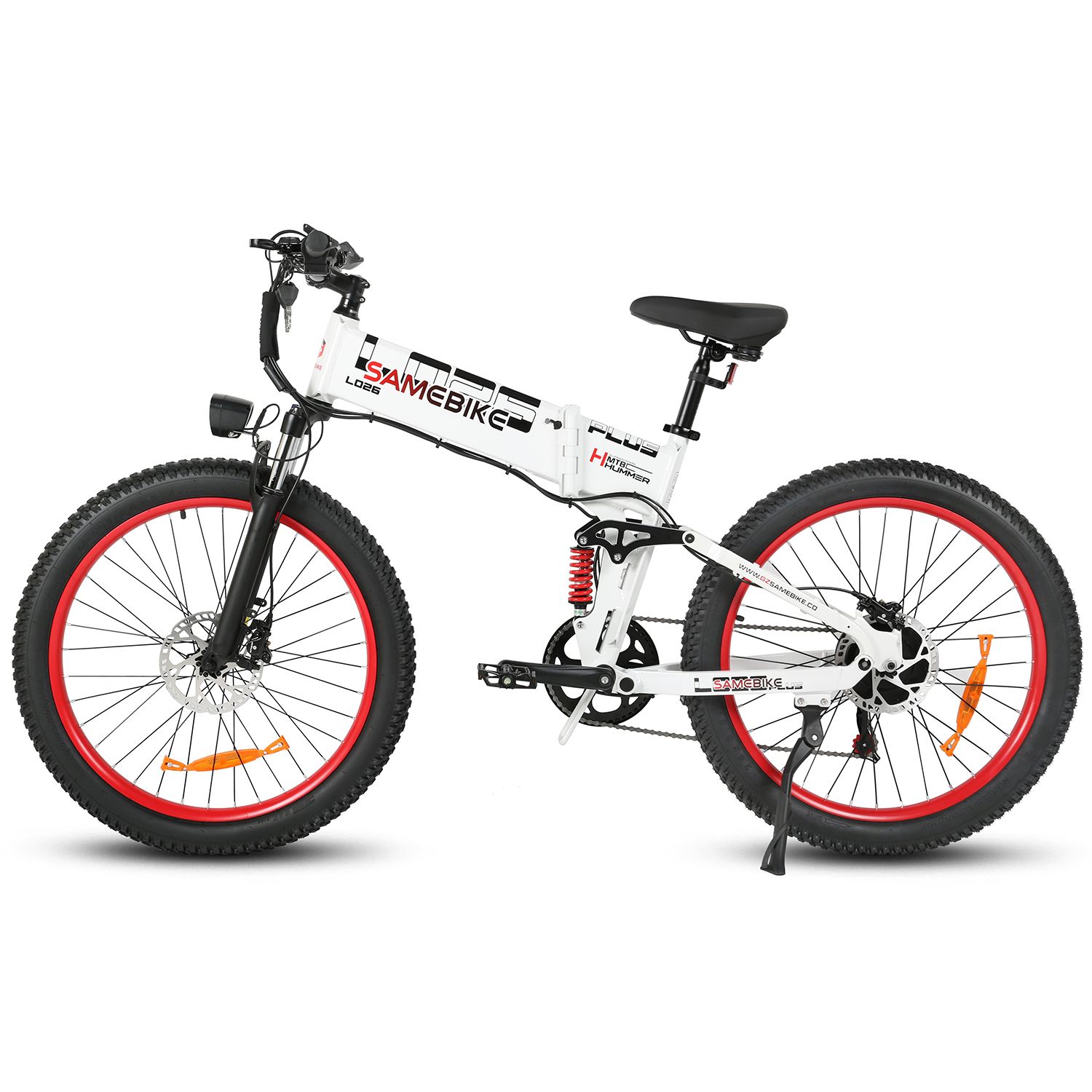 Vélo électrique pliable blanc, jantes rouges. Pneus, selle et guidon noirs. Marque SAMEBIKE LO26Plus.