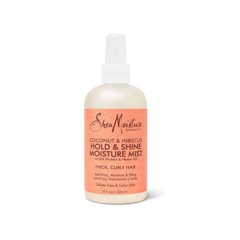 Fles Shea Moisture Coconut & Hibiscus Hold & Shine Moisture Mist voor dik, krullend haar.