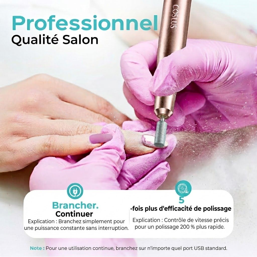 Lime à ongles électrique or rose avec embout utilisé sur un ongle par une main gantée.