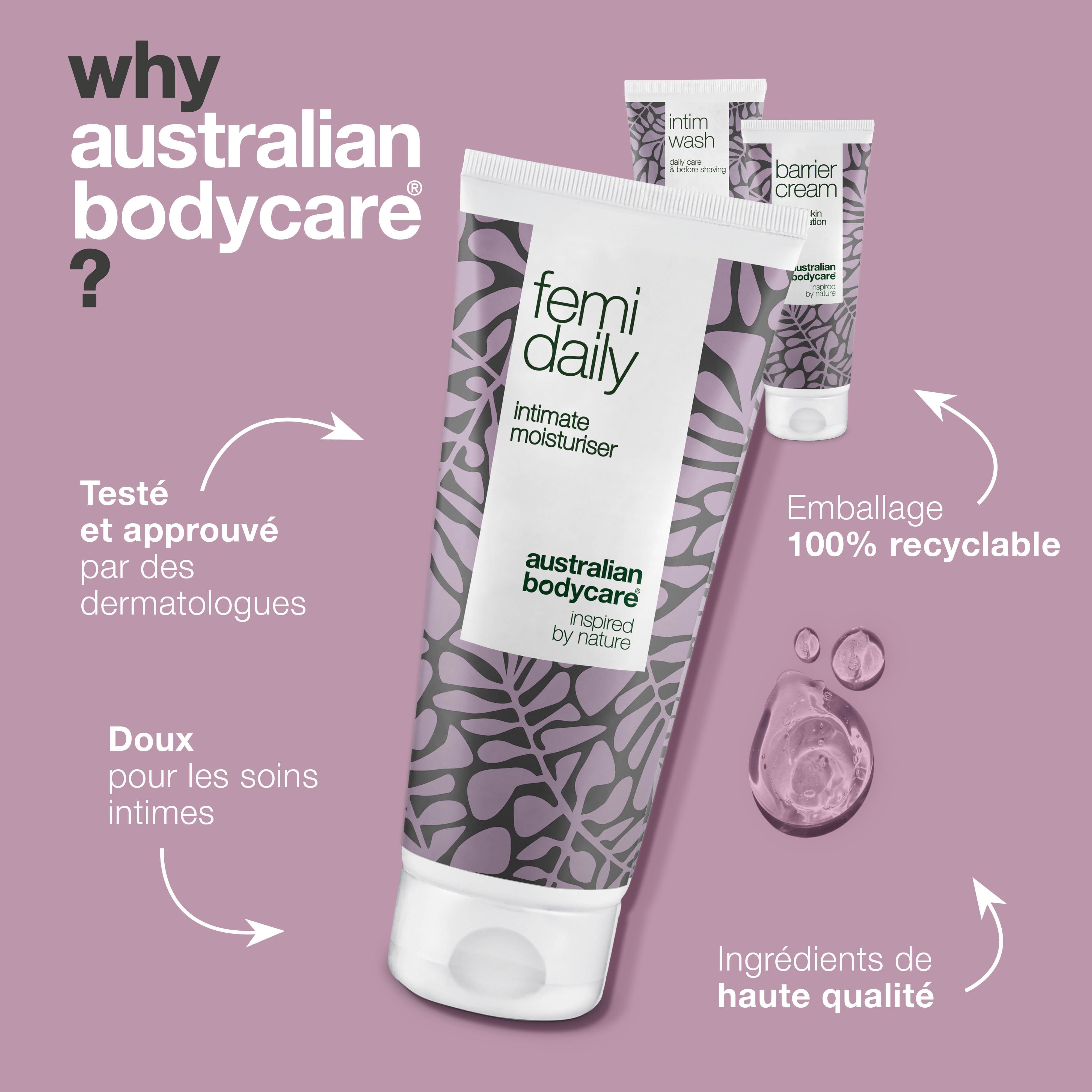 Tube Femi Daily, hydratant intime. Texte : Testé et approuvé par des dermatologues. Marque : Australian Bodycare.