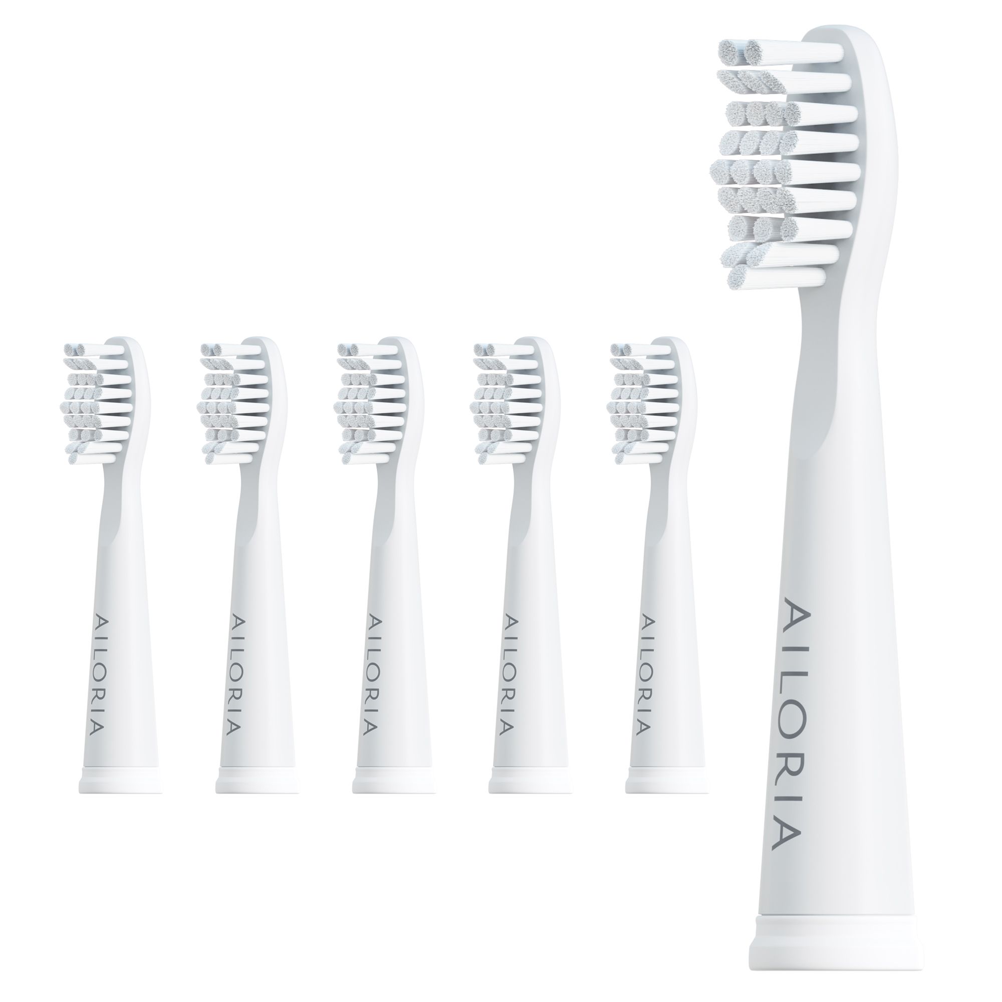 Six têtes de brosse blanches. Une debout, les autres à côté. Logo AILORIA sur chaque tête.
