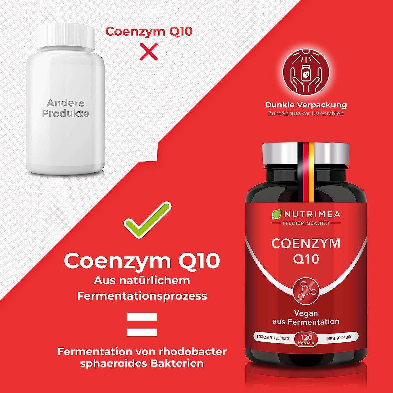 Vergelijking van co-enzym Q10 met andere producten. Toont de voordelen van co-enzym Q10 uit natuurlijke fermentatie.