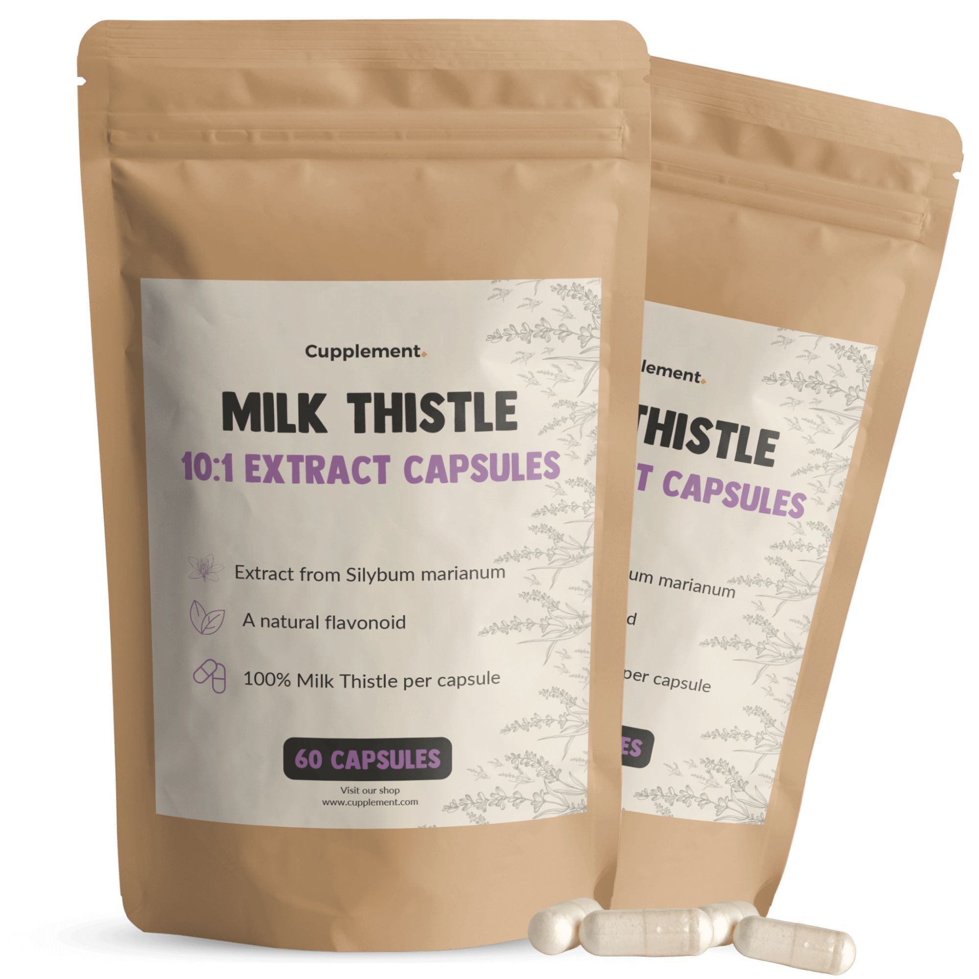 Deux sachets de gélules. Inscription : Milk Thistle 10:1 Extract Capsules. 60 gélules. Quelques gélules à côté.