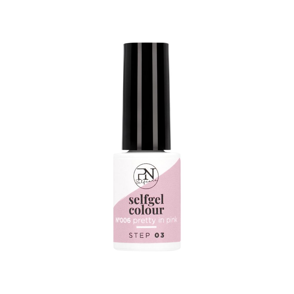 Flacon de vernis semi-permanent PN Selfgel, N6 Pretty in Pink. Bouchon noir, contenu rose. Inscription: selfgel colour, STEP 03.