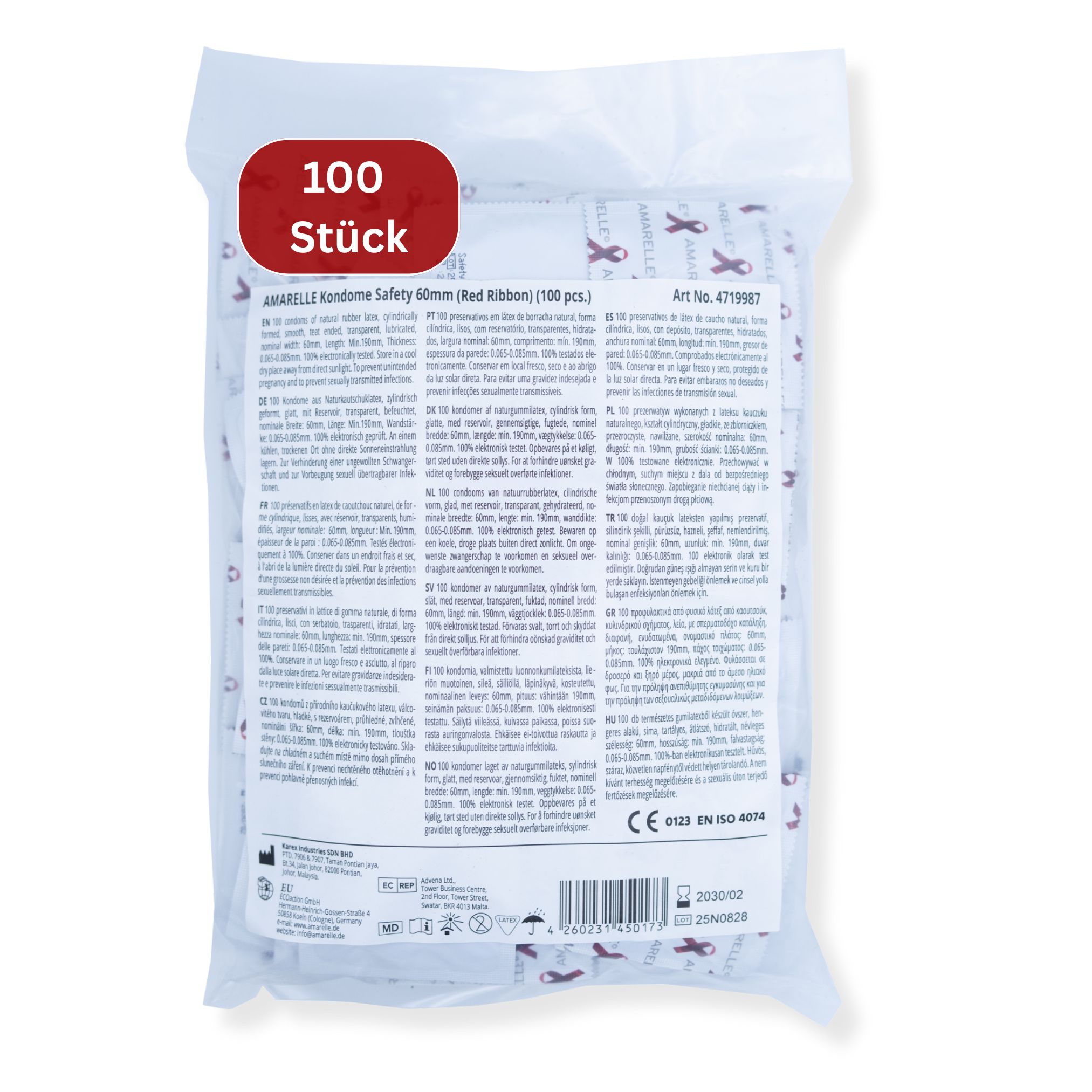 Emballage de préservatifs Amarelle Safety 60mm. Inscription rouge: 100 Stück. Texte: Amarelle Kondome Safety 60mm (Red Ribbon) (100 pcs.).