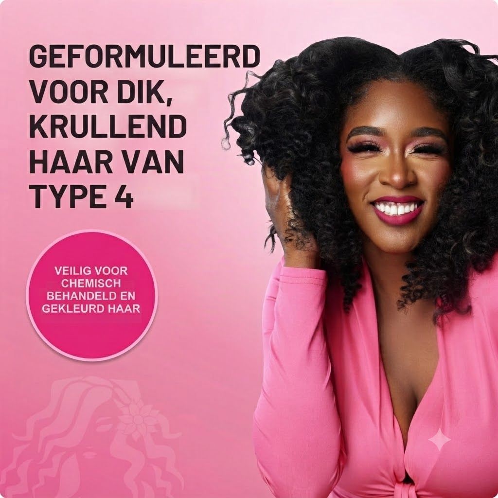 Vrouw met dik, krullend haar, tekst over formule voor dik, krullend haar type 4.