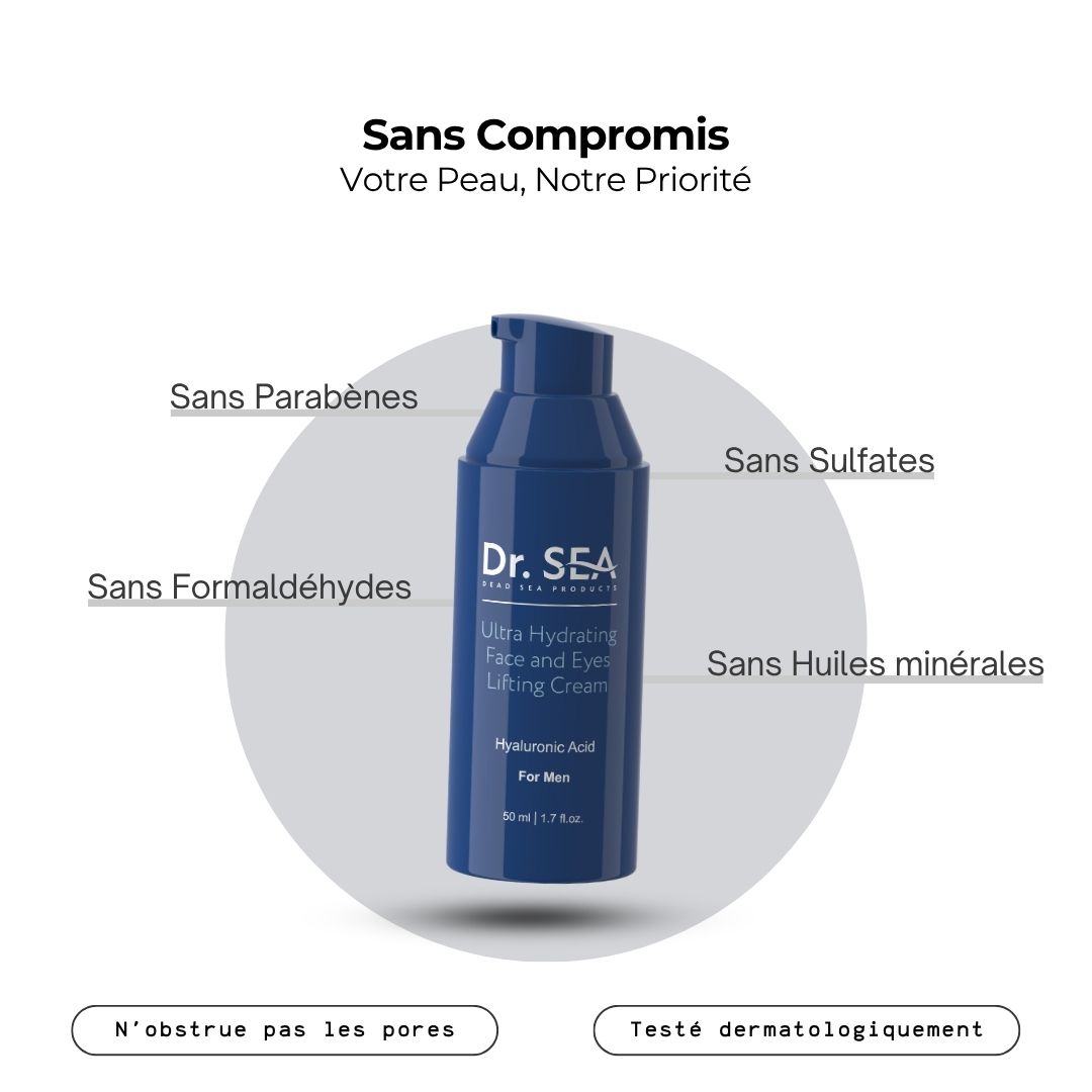 Flacon de crème bleu avec texte. Inscription : Dr. SEA, Ultra Hydrating Face and Eyes Lifting Cream. Sans ingrédients.