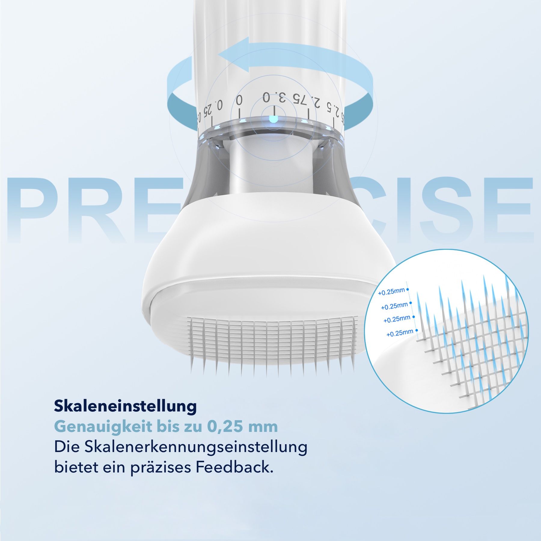 Derma Stamp met schaalinstelling. Nauwkeurigheid tot 0,25 mm. Schaalinstelling biedt precieze feedback. Blauwe pijlen. Vergrote weergave van de naalden.