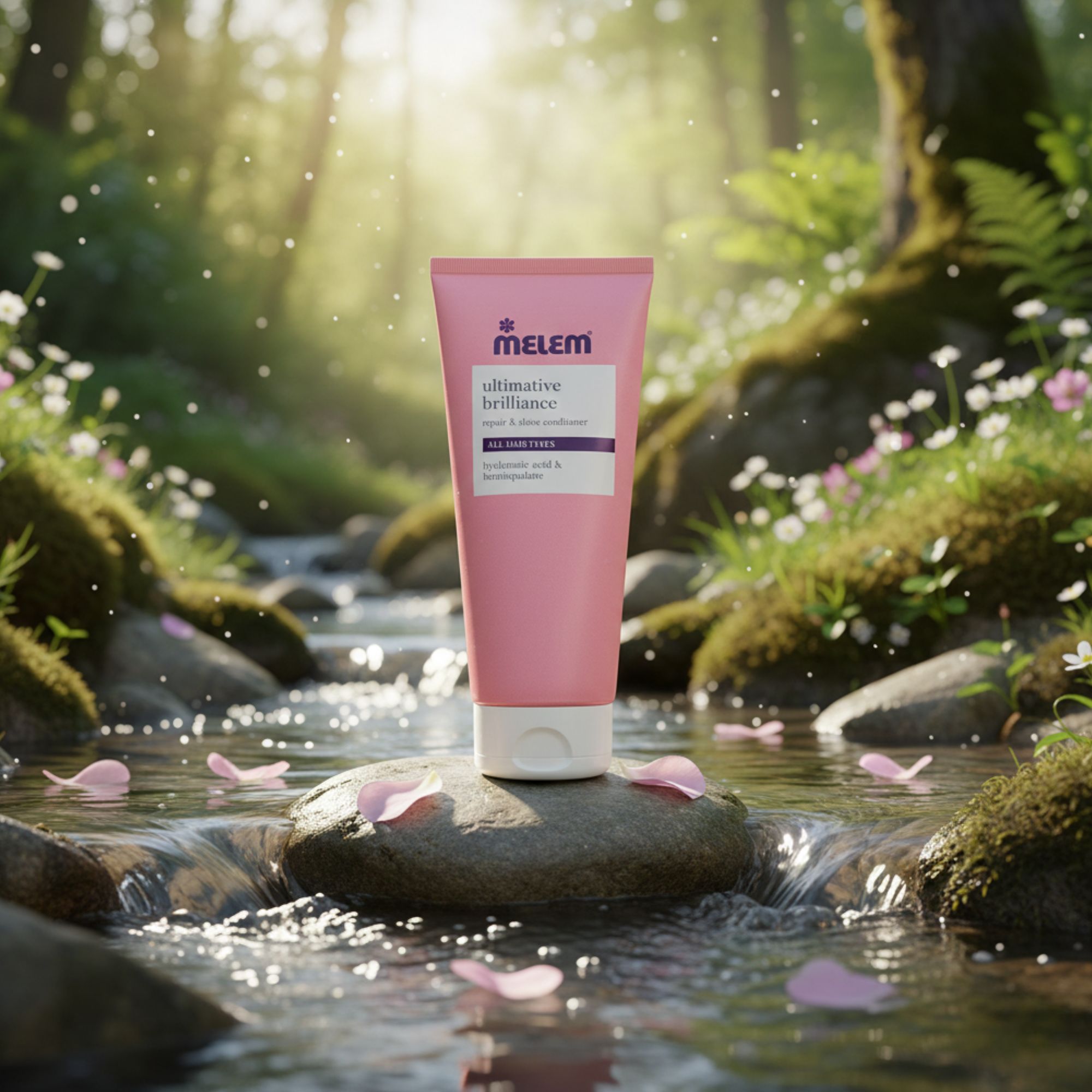 Roze tube met witte dop. Opschrift: Melem, ultieme glans, herstel & glans conditioner. Omgeving: natuur, water.