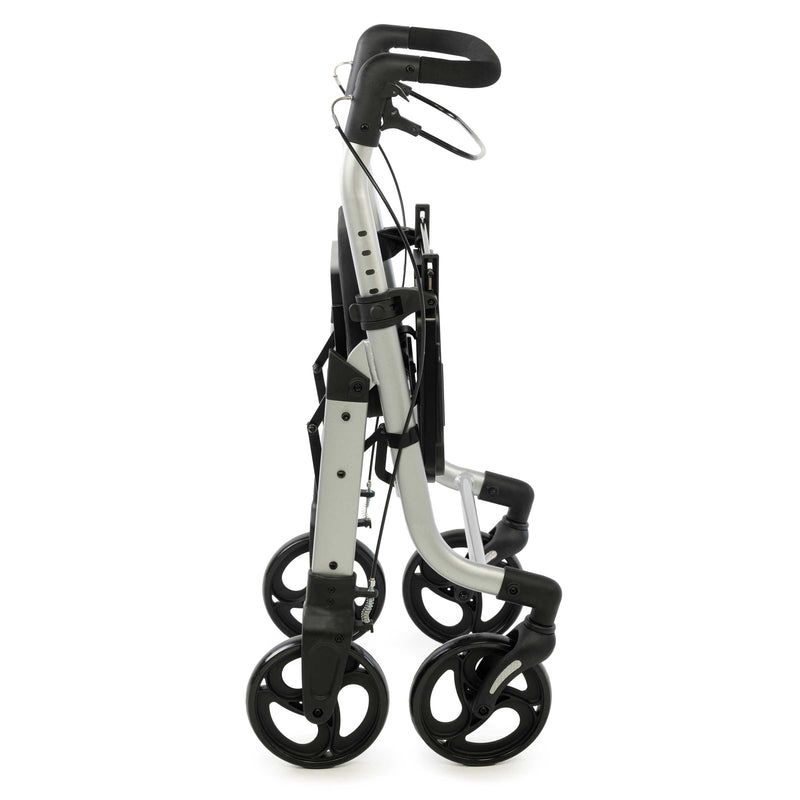 Vue latérale d'un déambulateur plié avec des roues.