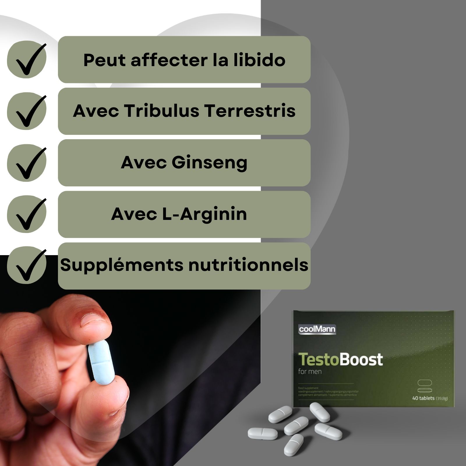 Graphique avec emballage Coolmann TestoBoost. Contient des informations sur les ingrédients et l'utilisation.