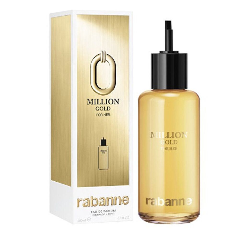 Gouden fles en verpakking. Opschrift: MILLION GOLD FOR HER en rabanne. Verpakking met logo.