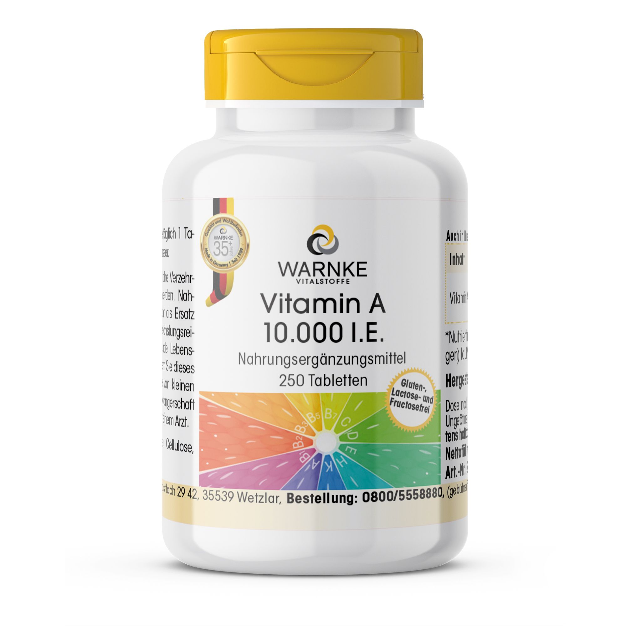 Witte fles met gele dop. Opschrift: Vitamine A 10.000 IE. Voedingssupplement. 250 tabletten. Warnke Vitalstoffe.