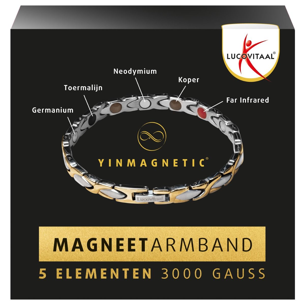 Tweekleurige magnetische armband in verpakking. Bevat germanium, toermalijn, neodymium, koper en infrarood.
