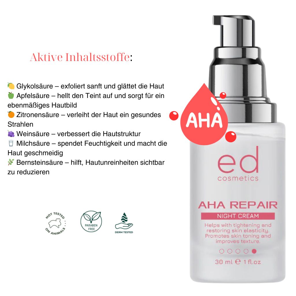 Flacon de crème avec pompe. Goutte rouge AHA. Inscription: ed cosmetics, AHA REPAIR NIGHT CREAM. 30 ml.