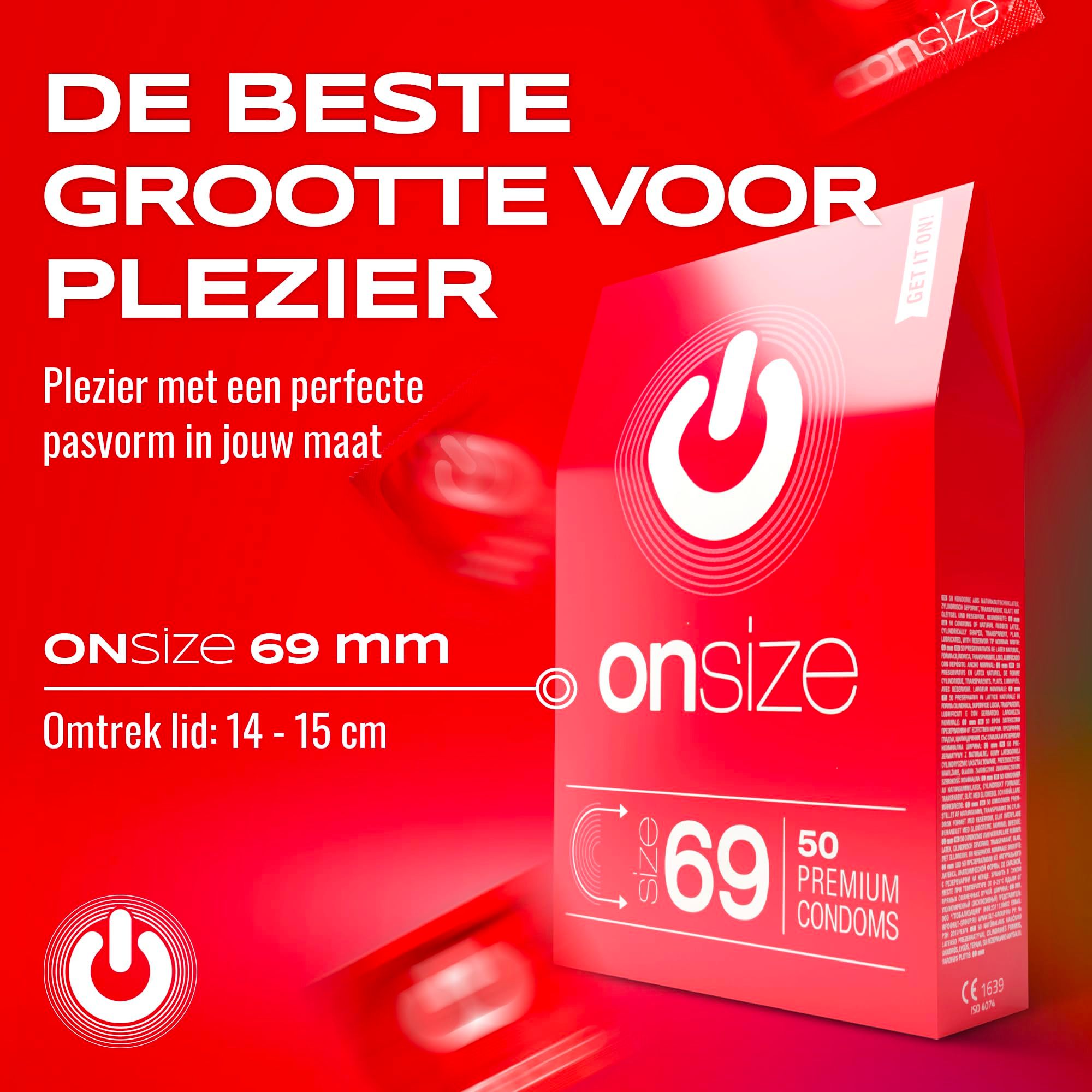 Verpakking ONsize 69 mm, 50 premium condooms. Tekst: "De beste maat voor plezier".