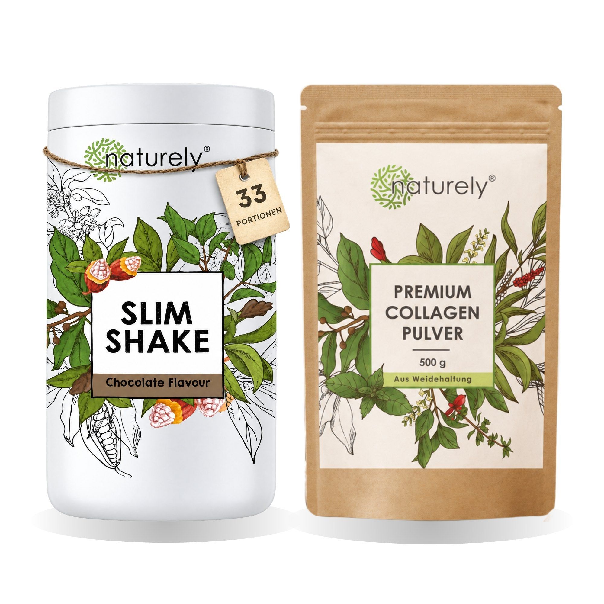 Naturally Slim Shake saveur chocolat et Naturally Premium poudre de collagène.