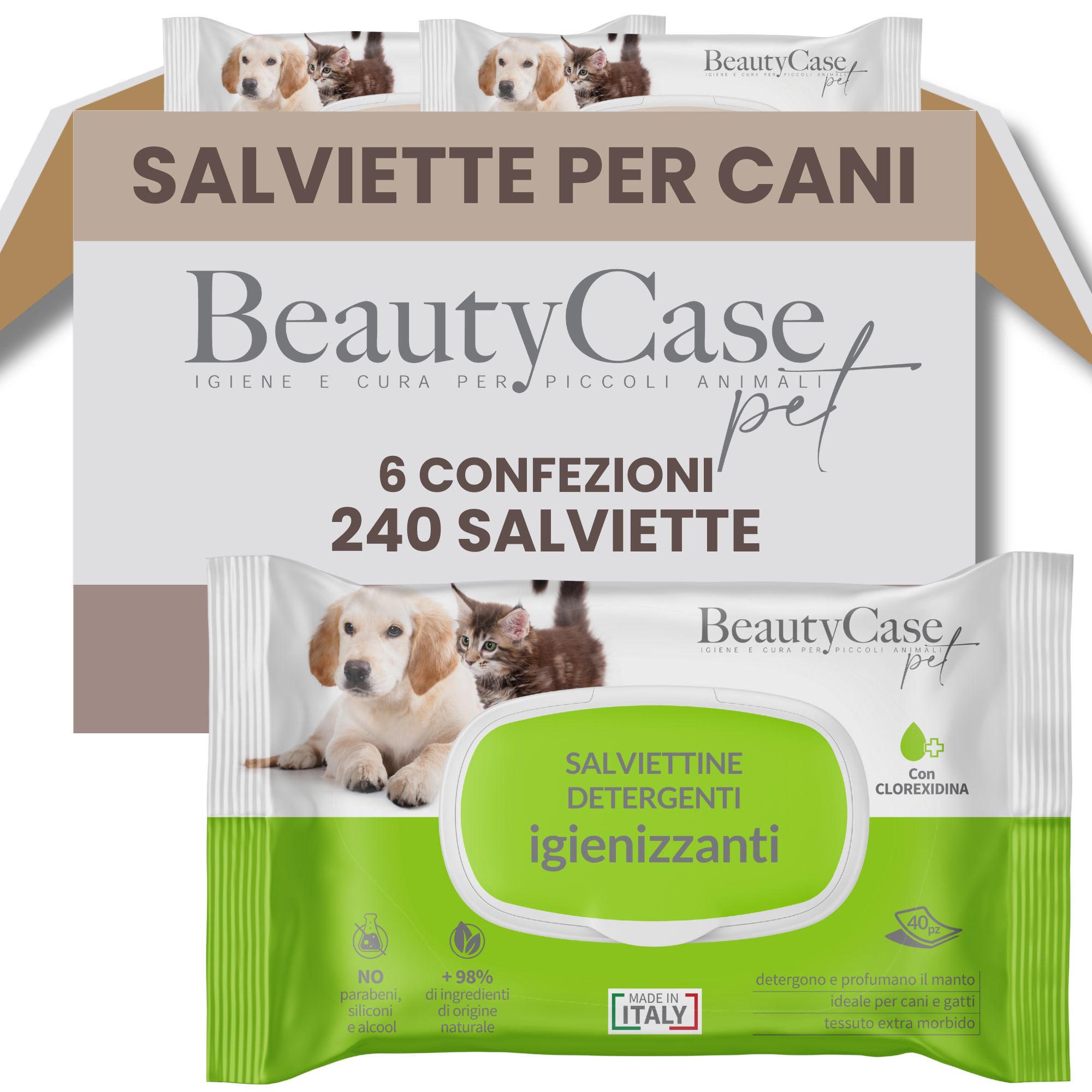 Boîte de Salviette Detergenti Animali Igienizzanti con Clorexidina. 6 paquets, 240 lingettes. Marque BeautyCase pet. Fabriqué en Italie.