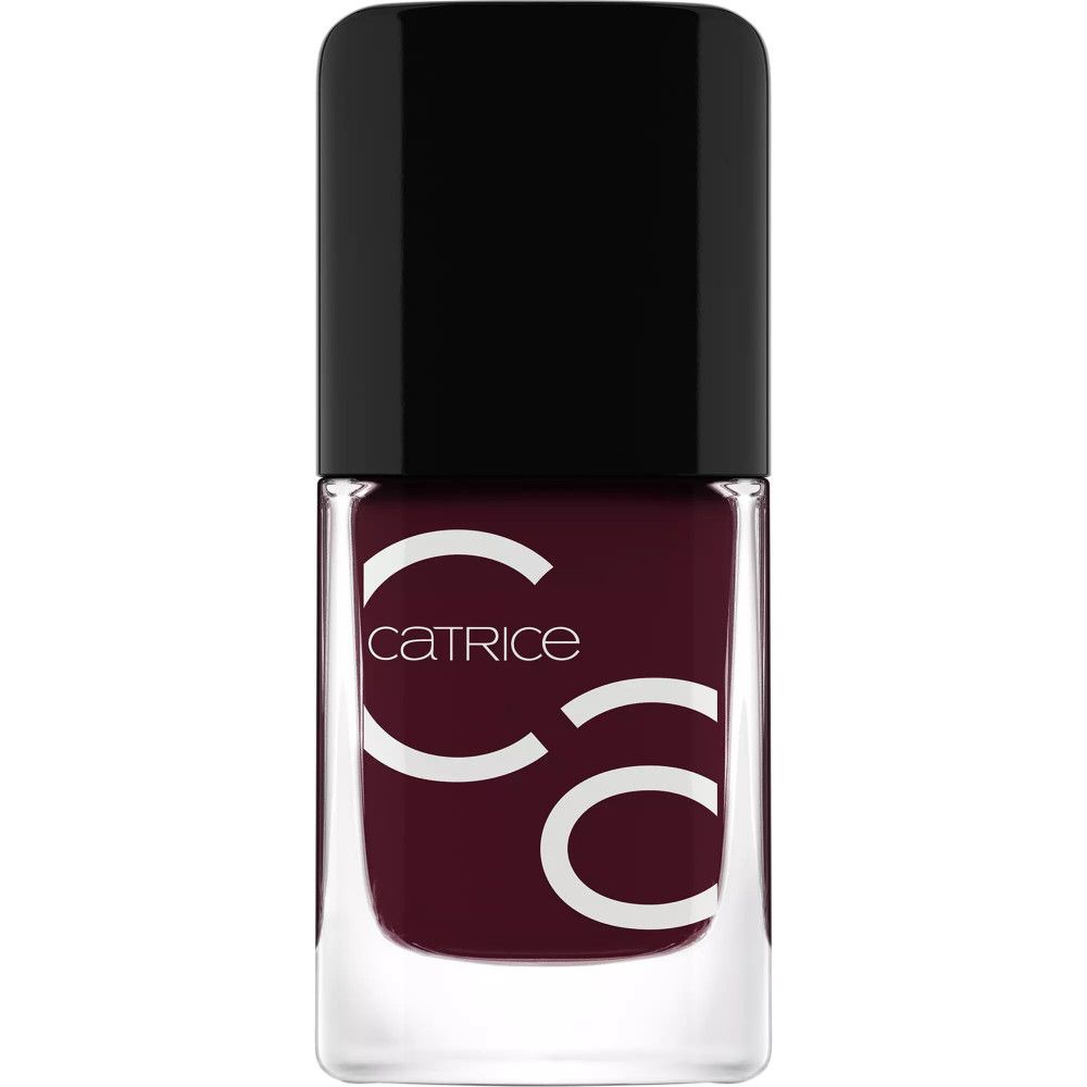 Flacon de vernis à ongles avec bouchon noir. Couleur bordeaux, logo Catrice sur le devant.