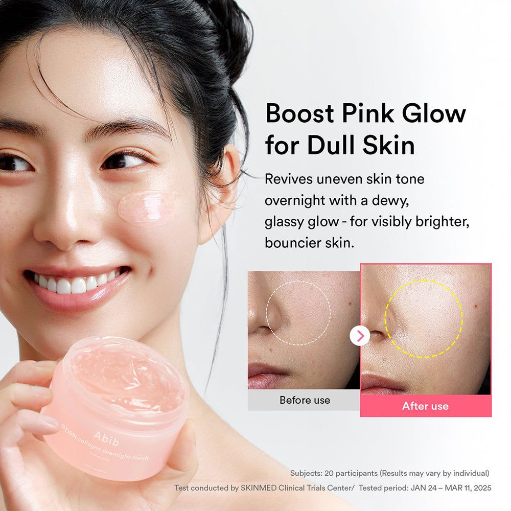 Femme tenant un pot. Comparaison avant-après : peau avec et sans masque. Texte : Boost Pink Glow for Dull Skin.