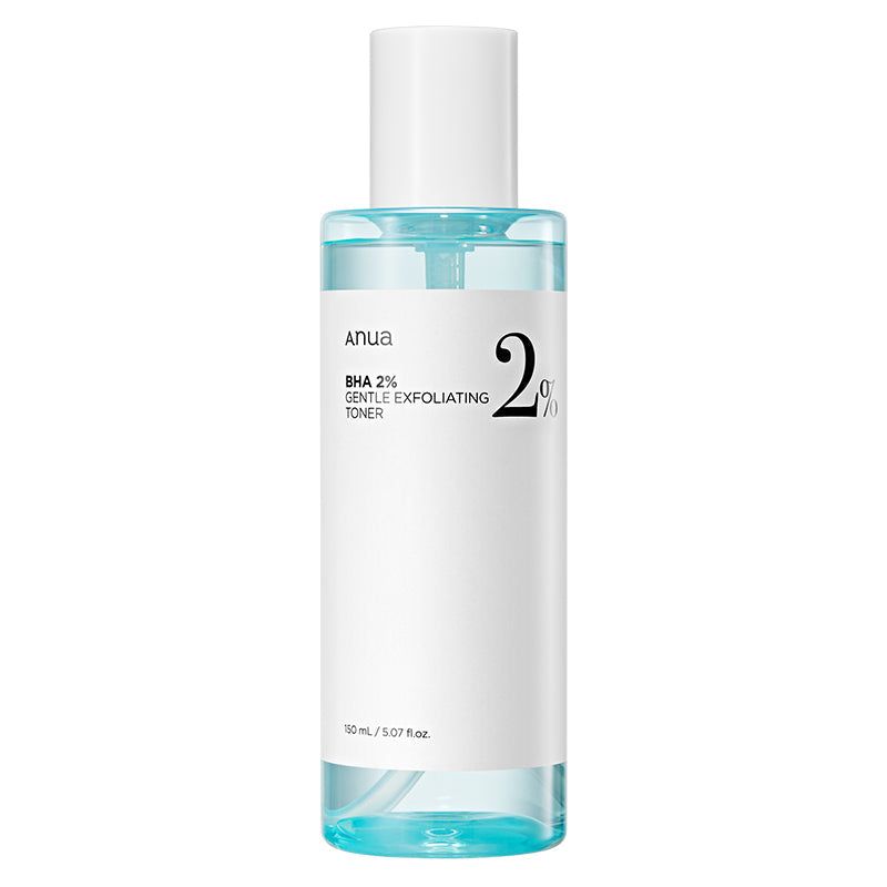 Tonique exfoliant doux Anua BHA 2% dans une bouteille transparente au contenu bleu. 150 ml.