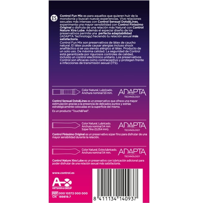Arrière d'une boîte de préservatifs Control Fun Mix. Montre les détails des variétés Sensual Dots&Lines, Finissimo Original et Nature Xtra Lube.